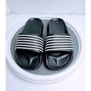 Black Slide Sandals With White Stripes & Textured Soles Boys Size 3 Durable Ligh